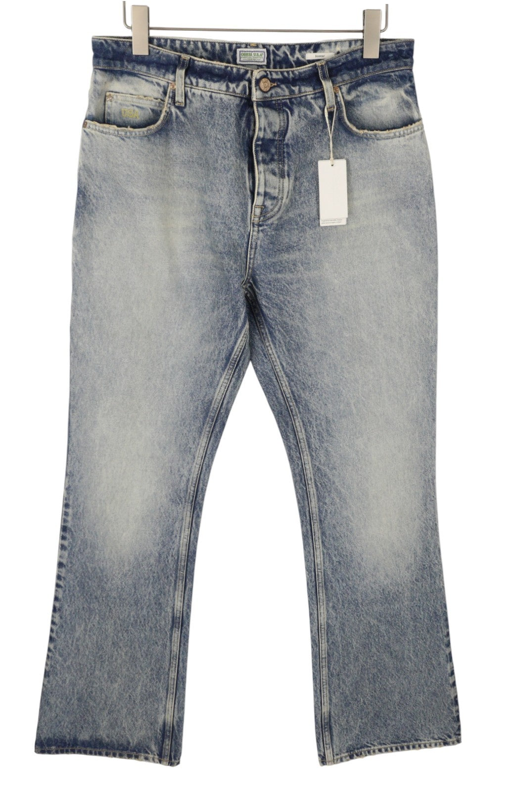 GUESS USA Gudl Men Jeans W32/L32 Blue Whiskers Faded Bootcut Button Fly RRP380