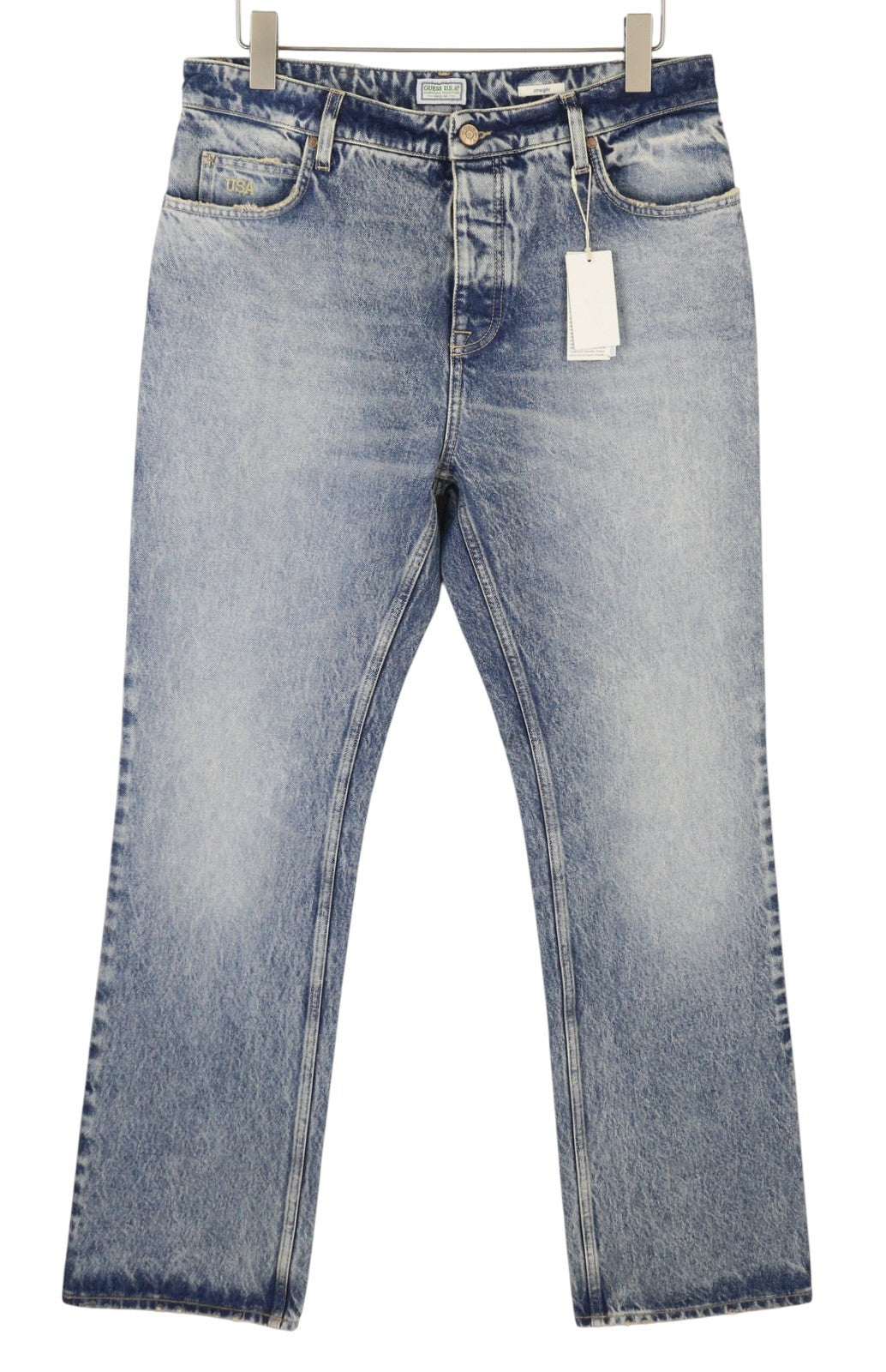 GUESS USA Straight Men Jeans W32 Blue Whiskers Faded Button Fly Denim
