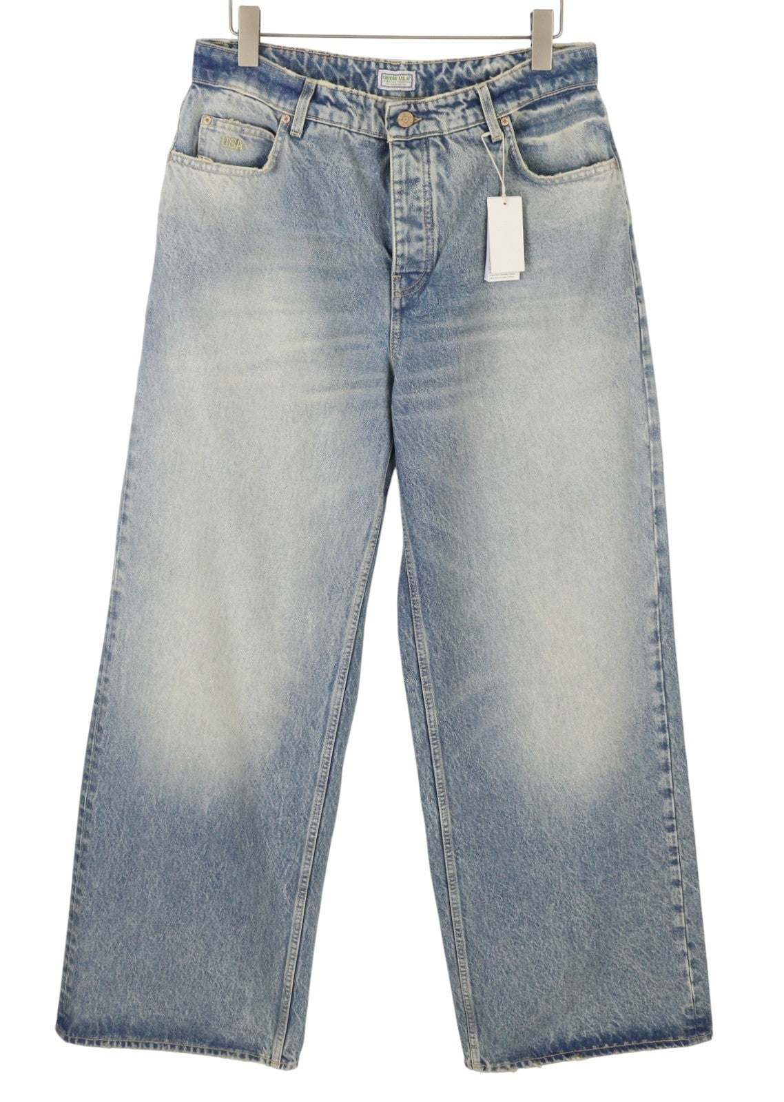 GUESS USA Men Jeans W33 Blue Whiskers Faded Relaxed Fit Button Fly Denim