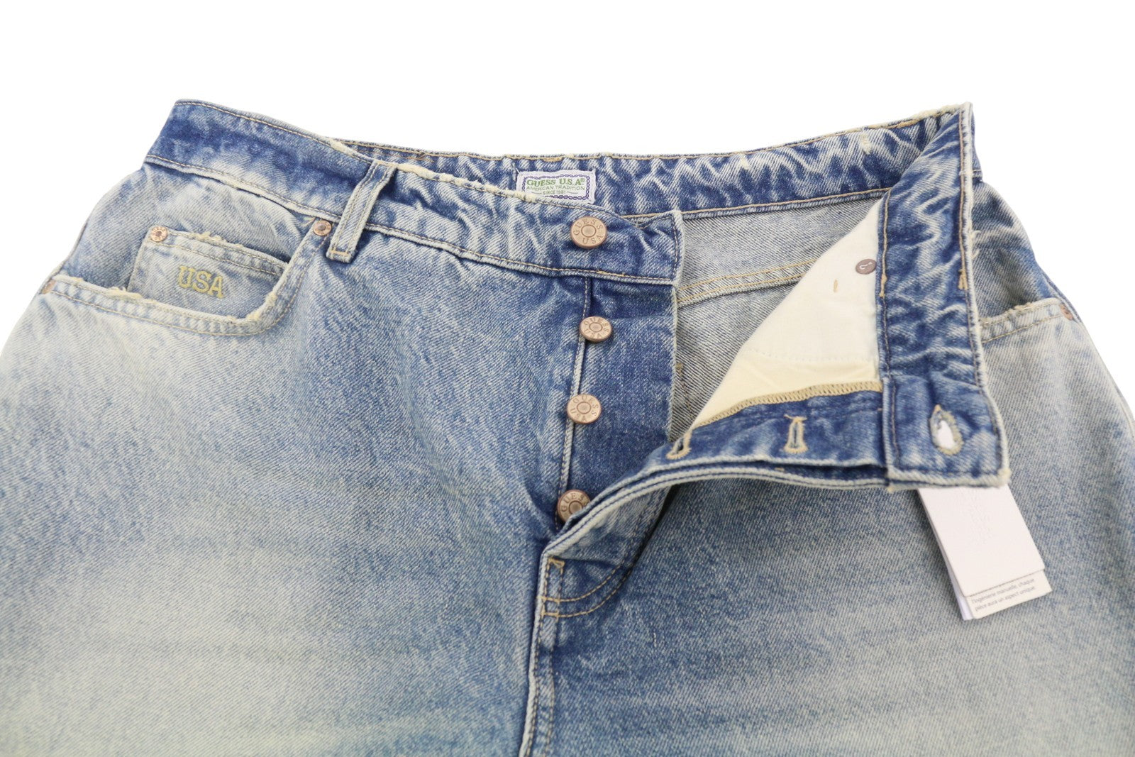 GUESS USA Men Jeans W33 Blue Whiskers Faded Relaxed Fit Button Fly Denim