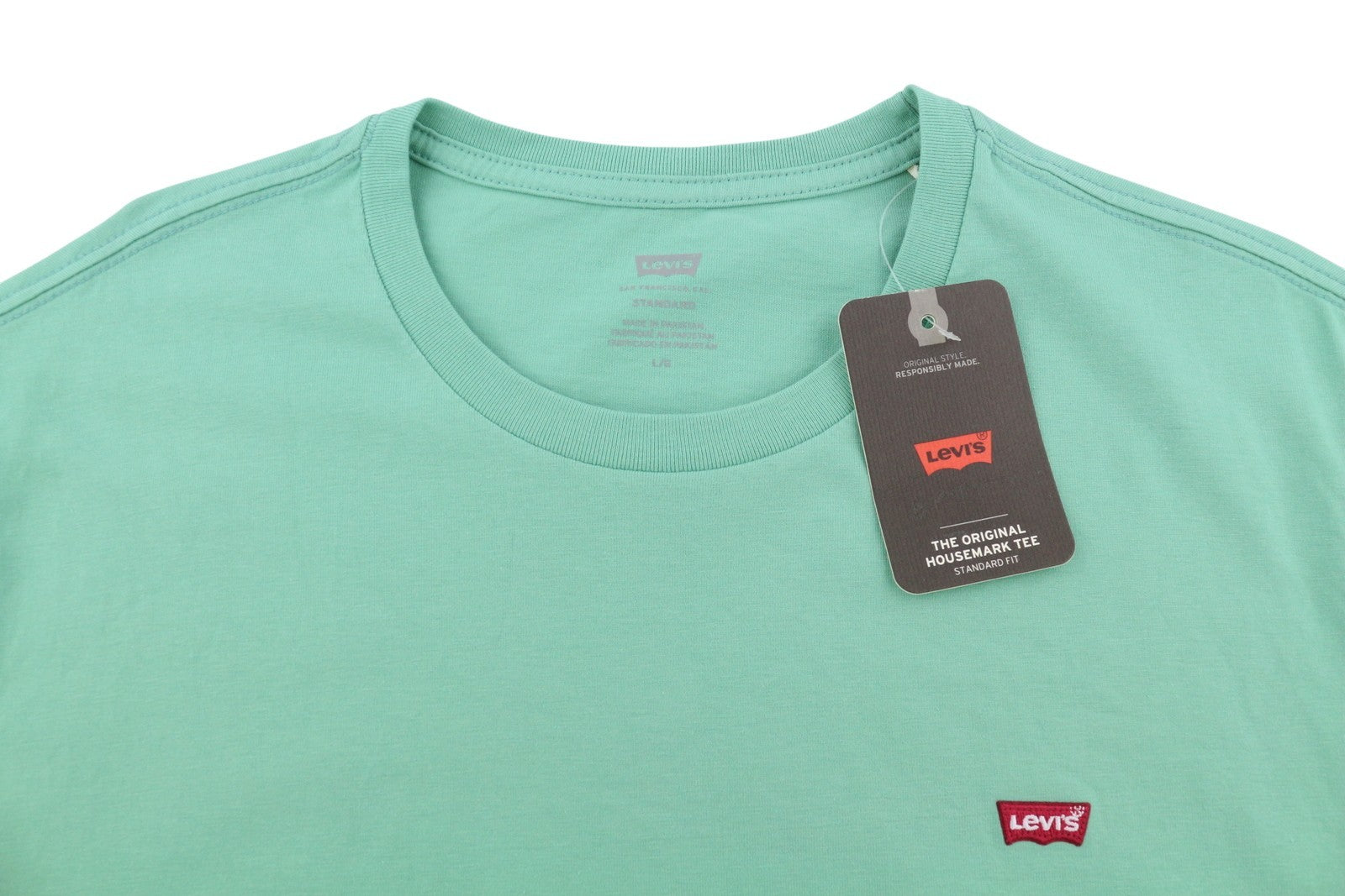 LEVI'S Standard Men T-Shirt L Green Tricot Cotton Crew Neck Short Sleeve