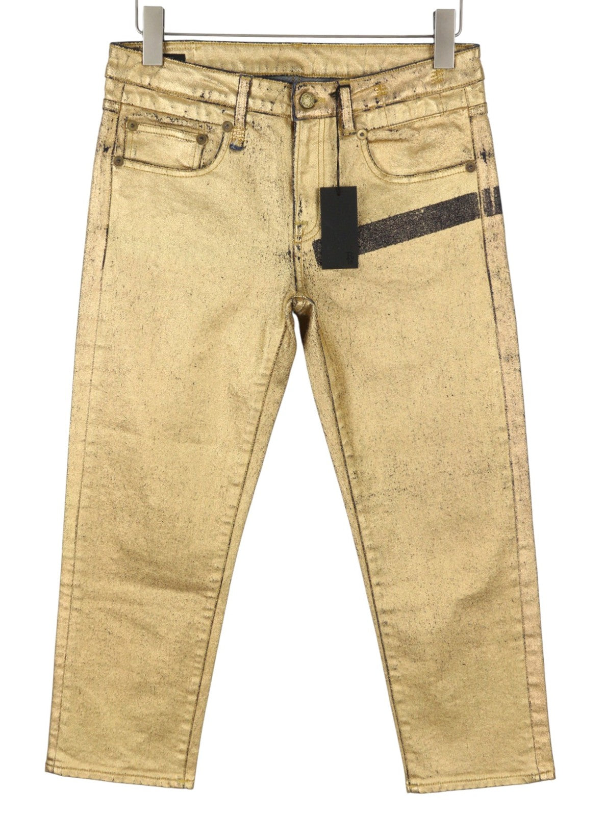 R13 Boy Straight Women Jeans 27 Stretch Gold Indigo Shiny Giller Cropped