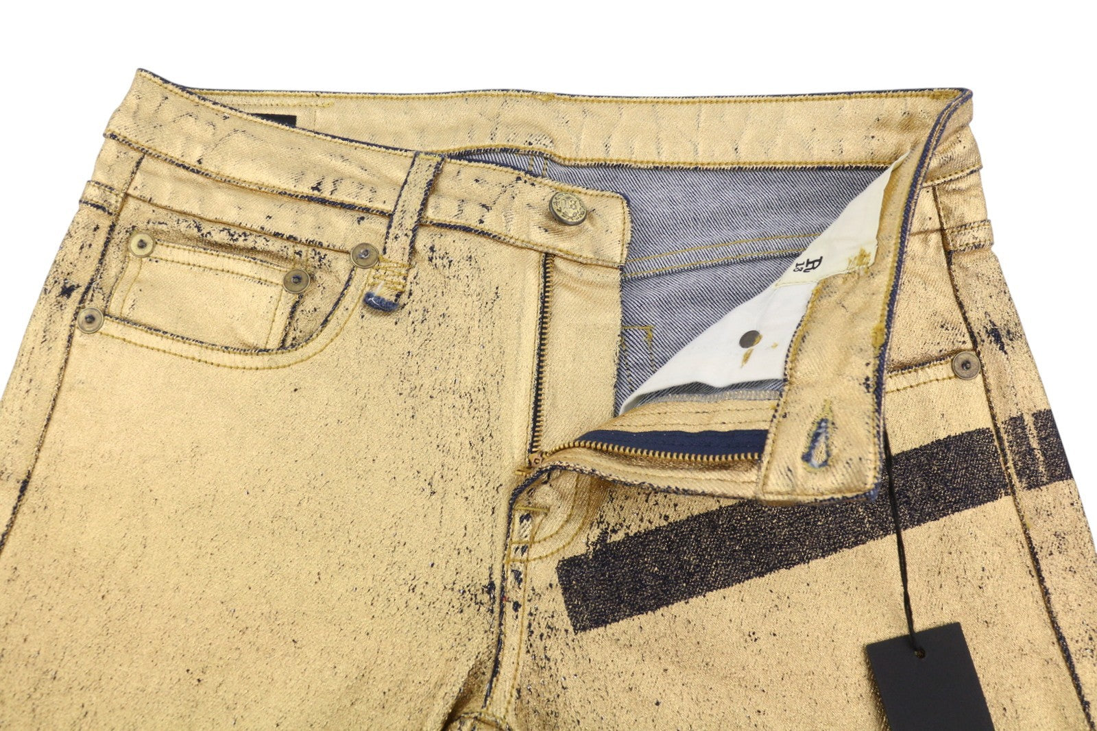 R13 Boy Straight Women Jeans 27 Stretch Gold Indigo Shiny Giller Cropped