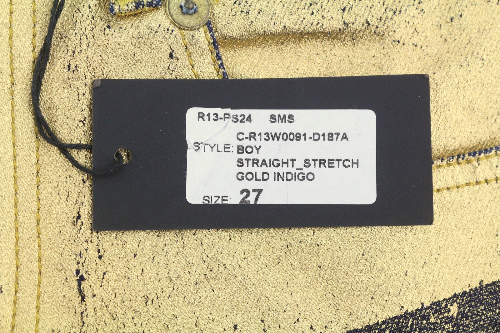 R13 Boy Straight Women Jeans 27 Stretch Gold Indigo Shiny Giller Cropped