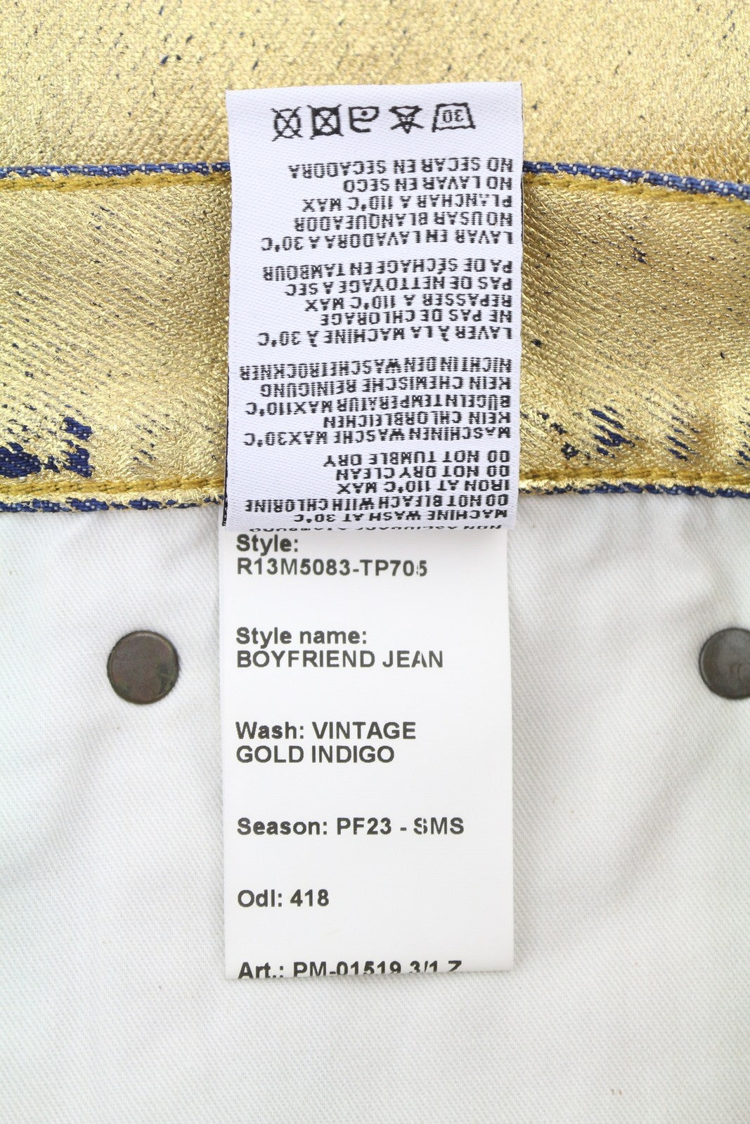 R13 Boyfriend Women Jeans 27 Vintage Gold Indigo Shiny Glitter Zip Fly