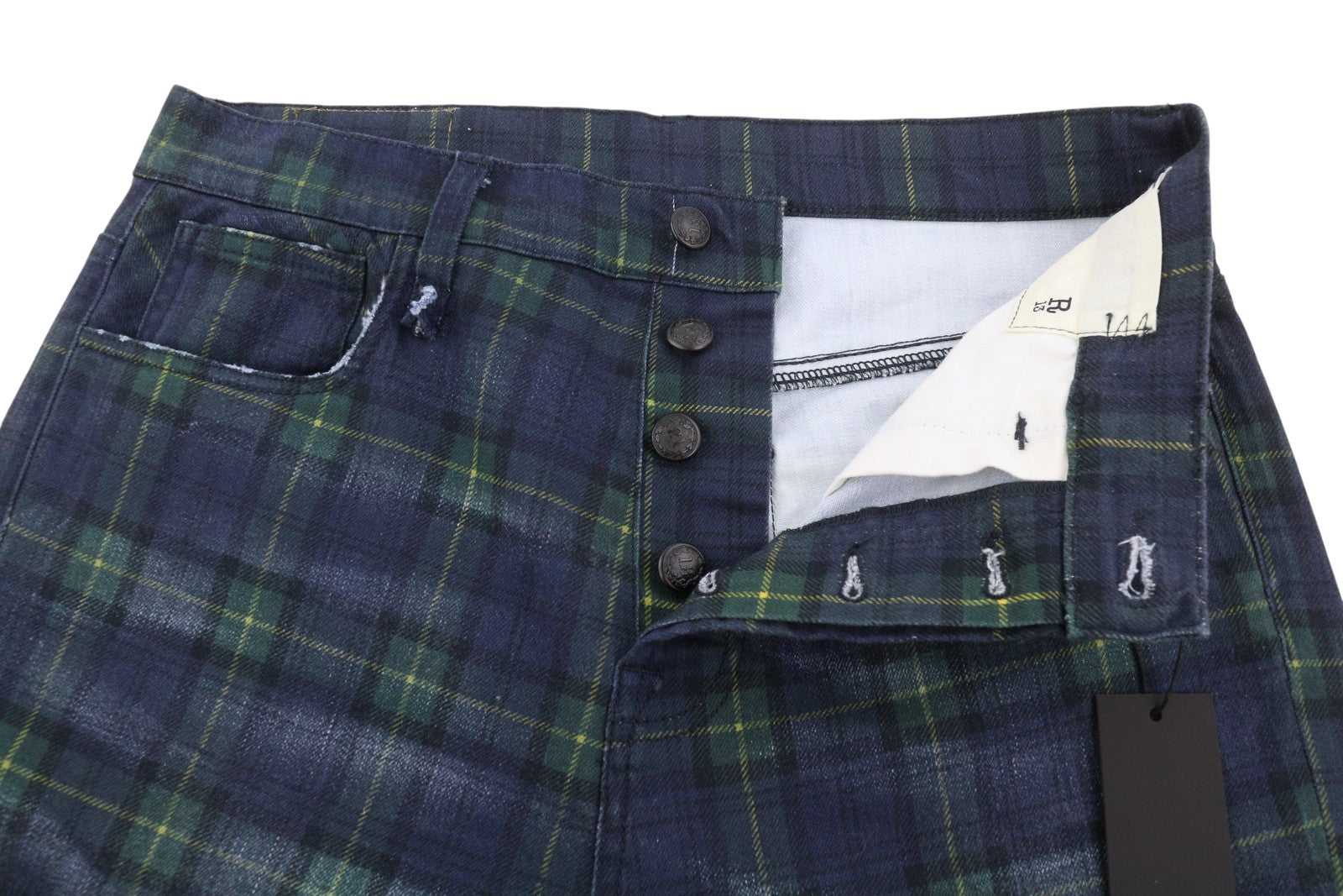 R13 Tailored Drop Women Jeans 27 Printed Tartan Plaid Faded Cropped Ankle Blue