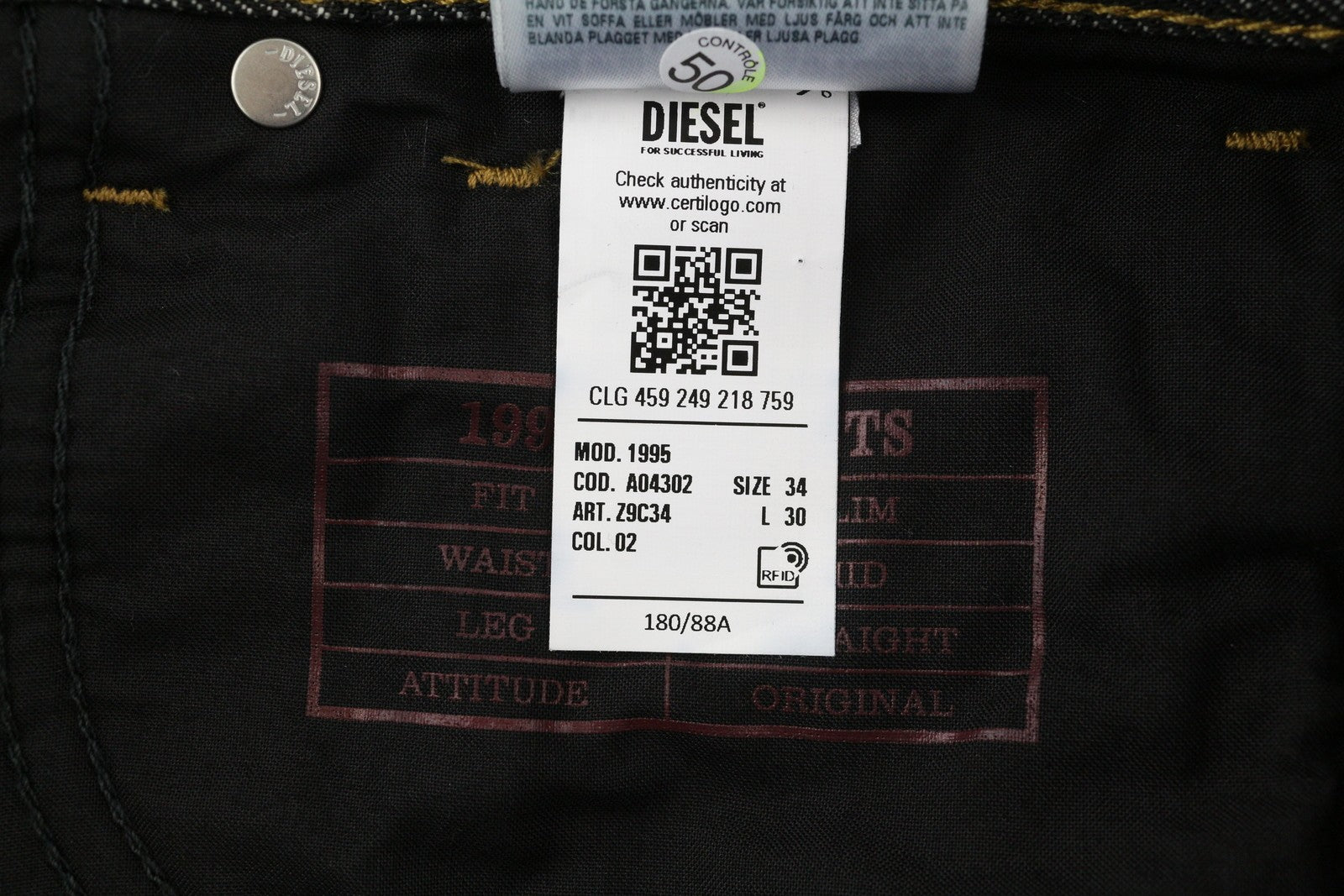 DIESEL 1995 Z9C34 Men's W34/L30 Slim Straight Dark Buttoned Denim RRP185