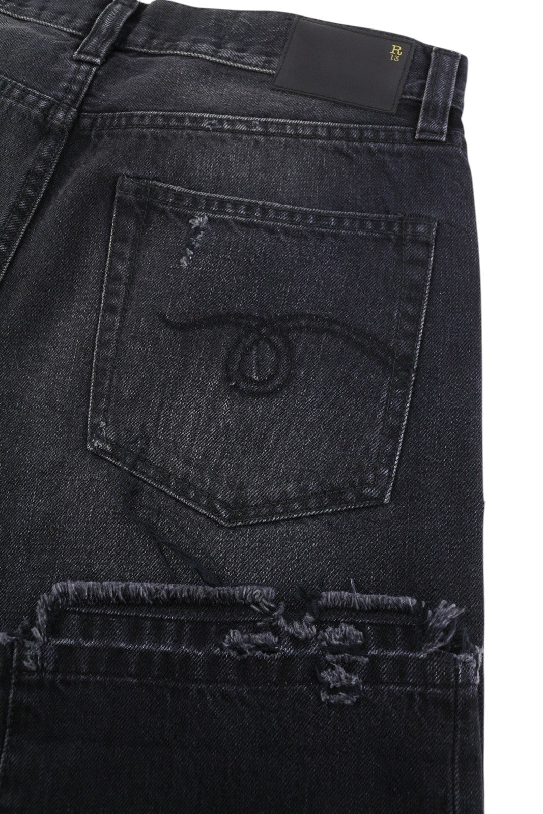 R13 Boyfriend Men's 32 Jake Black Straight Denim Distressed Zip Fly
