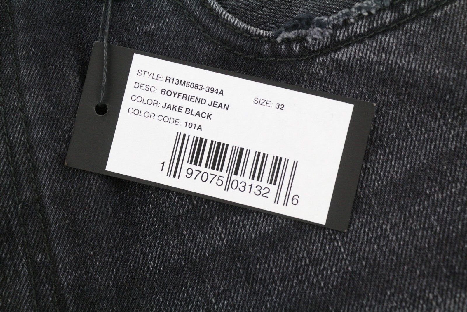 R13 Boyfriend Men's 32 Jake Black Straight Denim Distressed Zip Fly