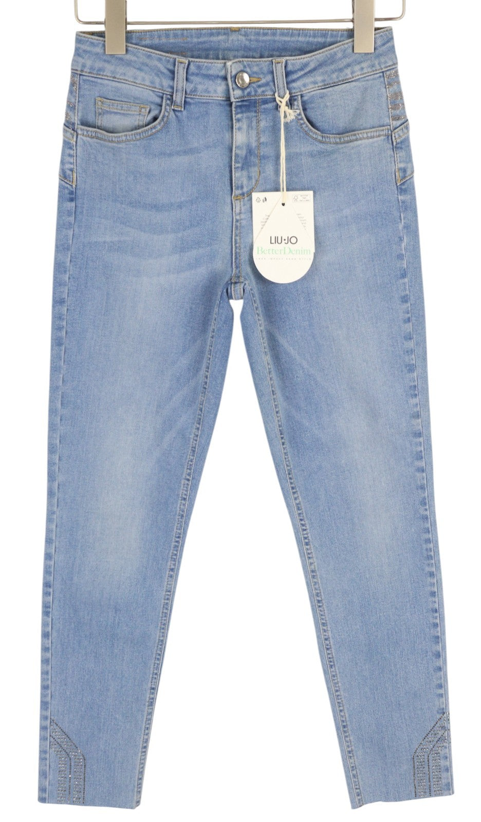 LIU JO Divine Women's W28 Blue Skinny Denim Washed Rhinestone Trim Hems