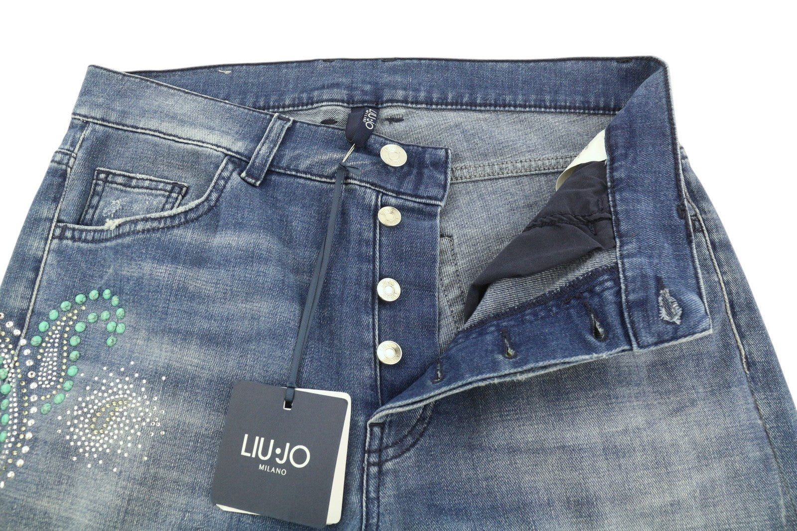 LIU JO Boy Every Day Women's W28 Washed Blue Slim Fit Rhinestone Trim