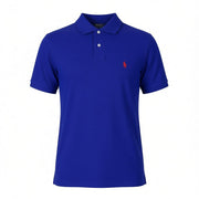 RALPH LAUREN Custom Slim Fit Men Polos 2XL Mid Blue Front Logo Short Sleeved