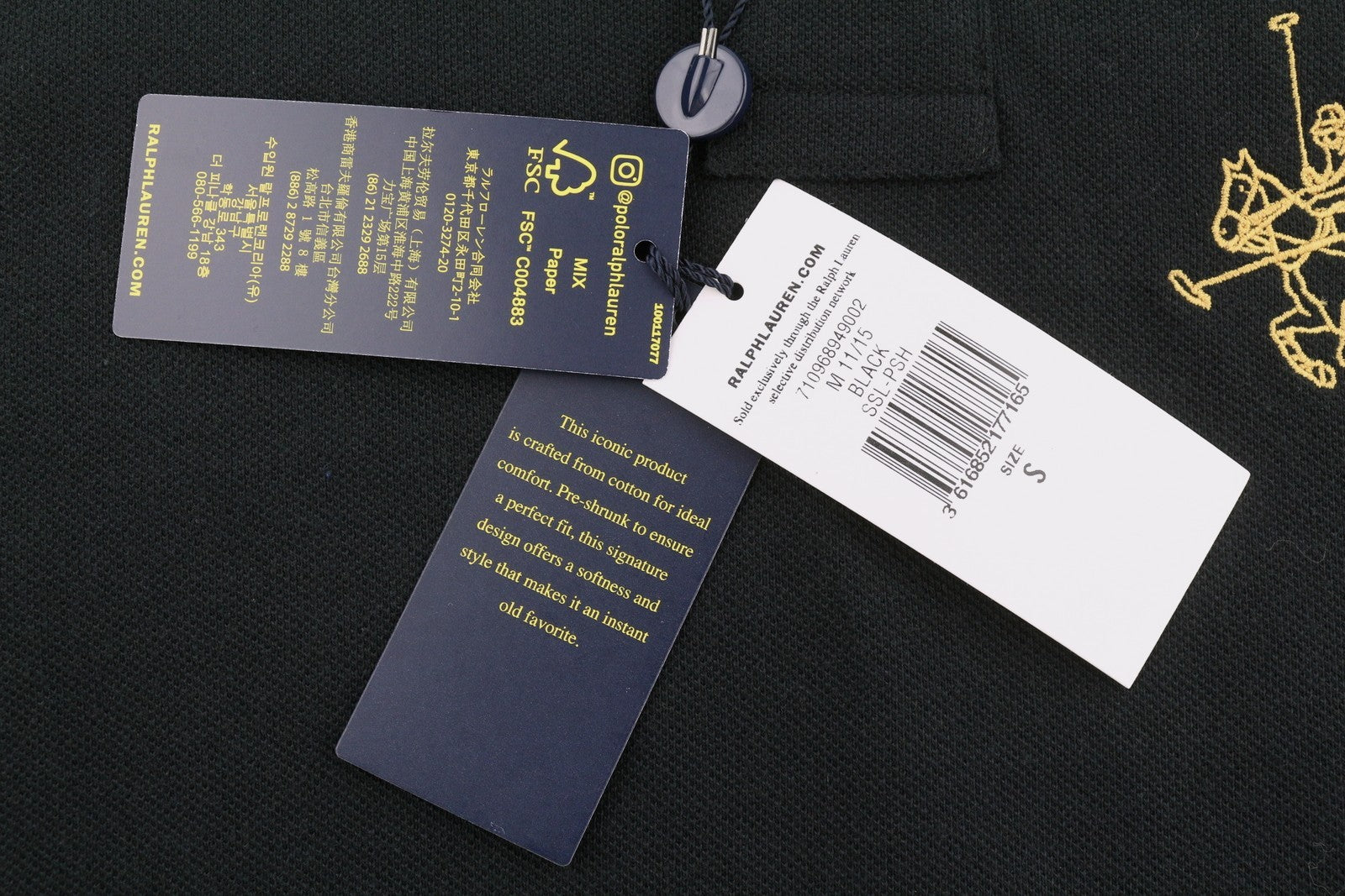 RALPH LAUREN Custom Slim Fit Men Polos S Black Embroidered Cotton Short Sleeve