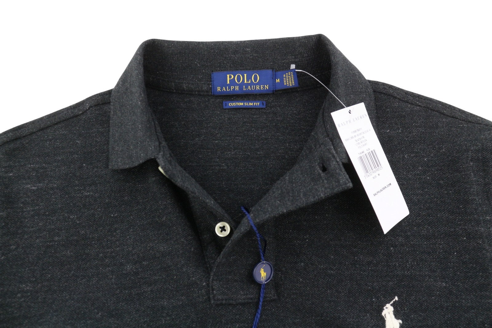 RALPH LAUREN Custom Slim Fit Men Polos M Black Melange Cotton Logo Short Sleeved