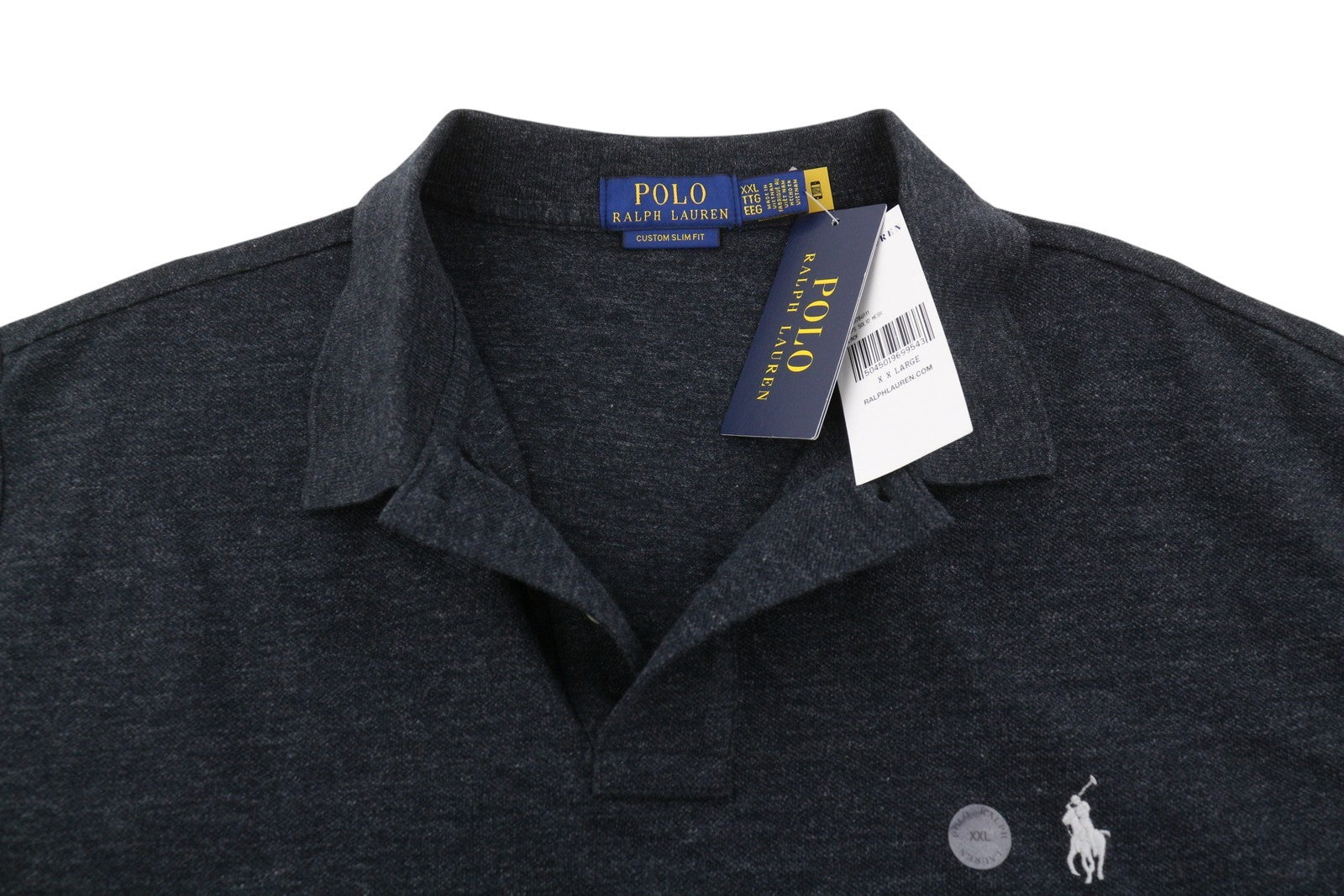 RALPH LAUREN Custom Slim Fit Men Polos 2XL Black Melange Cotton Short Sleeved