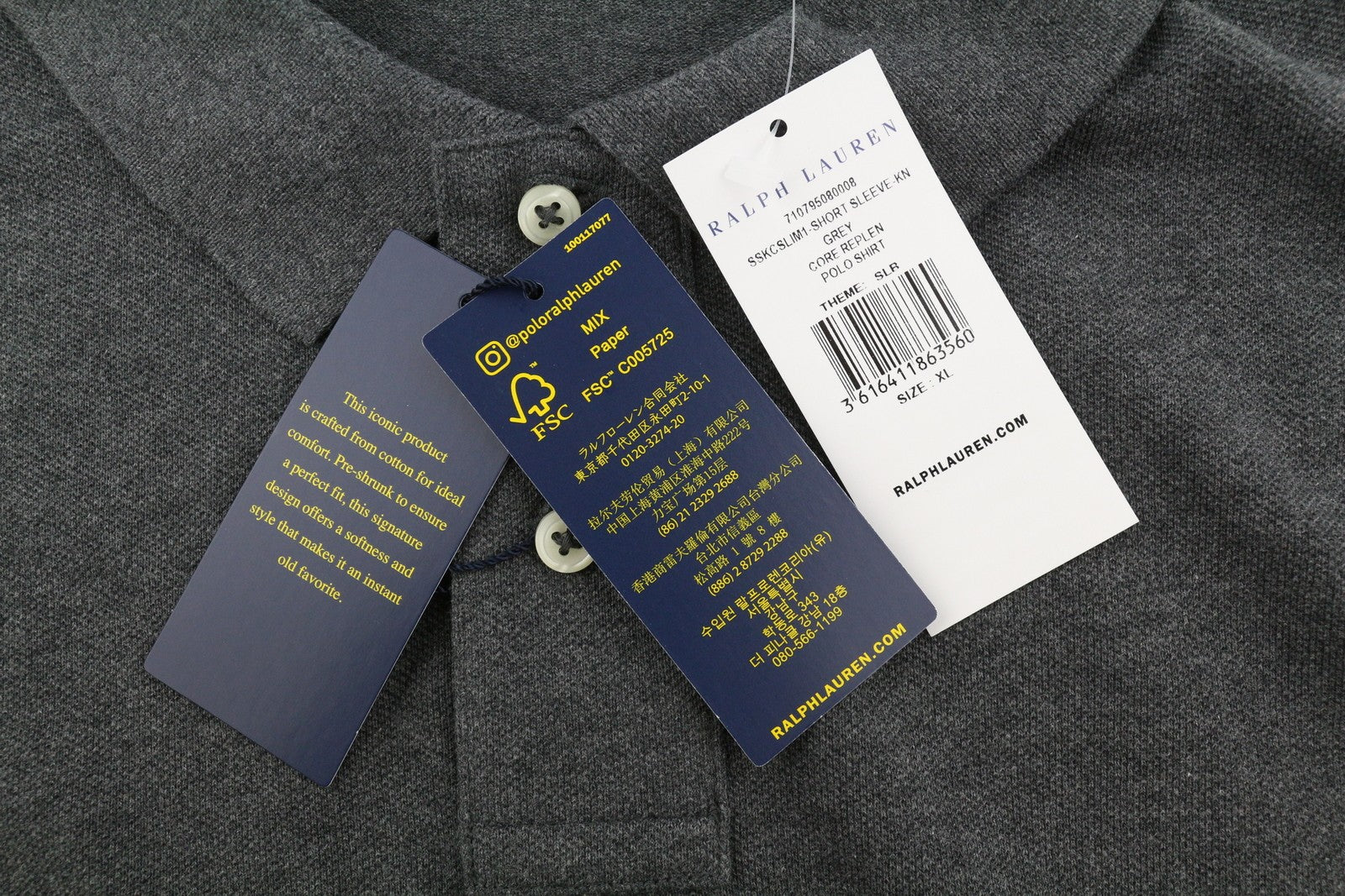 RALPH LAUREN Slim Fit Men Polos XL Dark Grey Melange Cotton Logo Short Sleeve