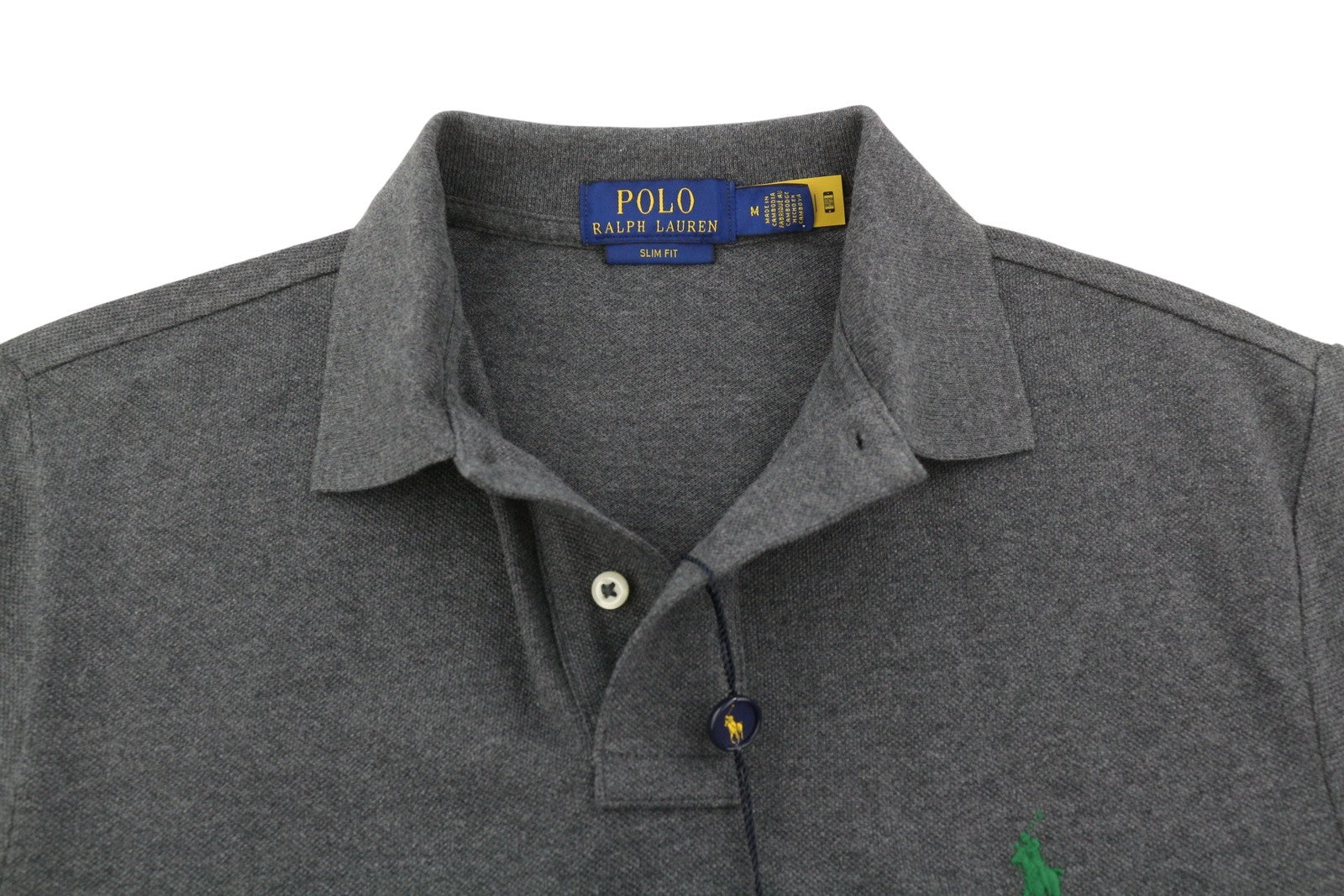 RALPH LAUREN Slim Fit Men Polos M Dark Grey Melange Cotton Logo Short Sleeve