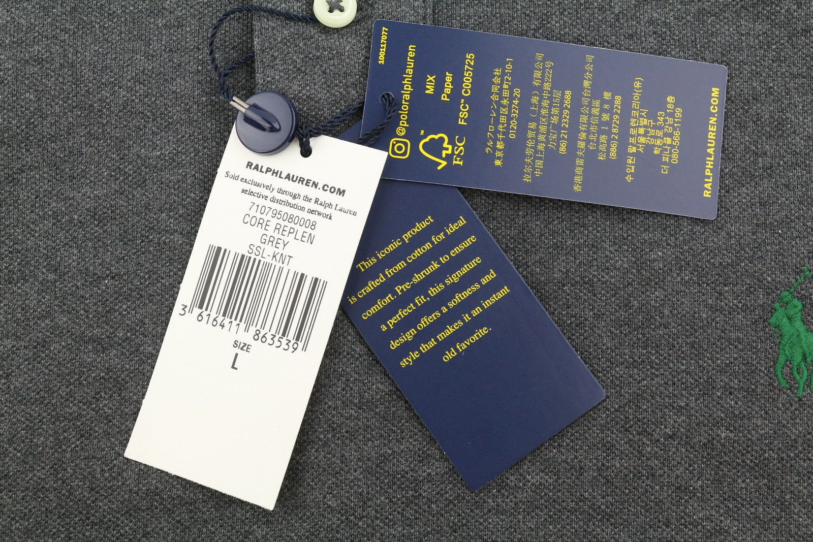 RALPH LAUREN Slim Fit Men Polos L Dark Grey Melange Cotton Logo Short Sleeve