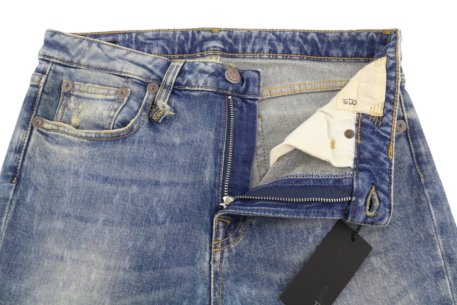 R13 Kick Fit Women Jeans 28 Kelly Stretch Whiskers Faded Cropped Zip RRP699