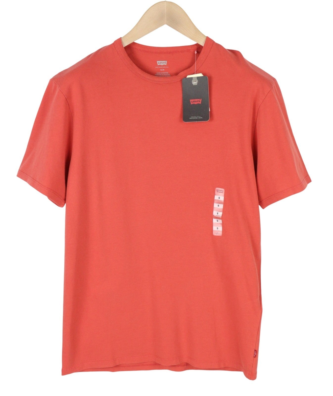 LEVI'S Slim Men T-Shirt S Red Tricot Cotton Crew Neck Short Sleeve Casual