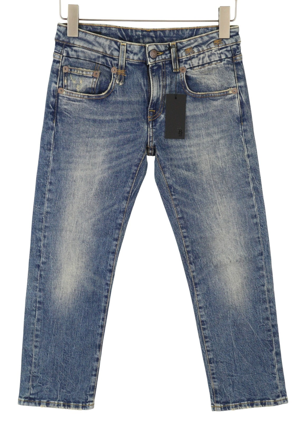 R13 Boy Straight Women Jeans 24 Kelly Stretch Whiskers Faded Cropped RRP699