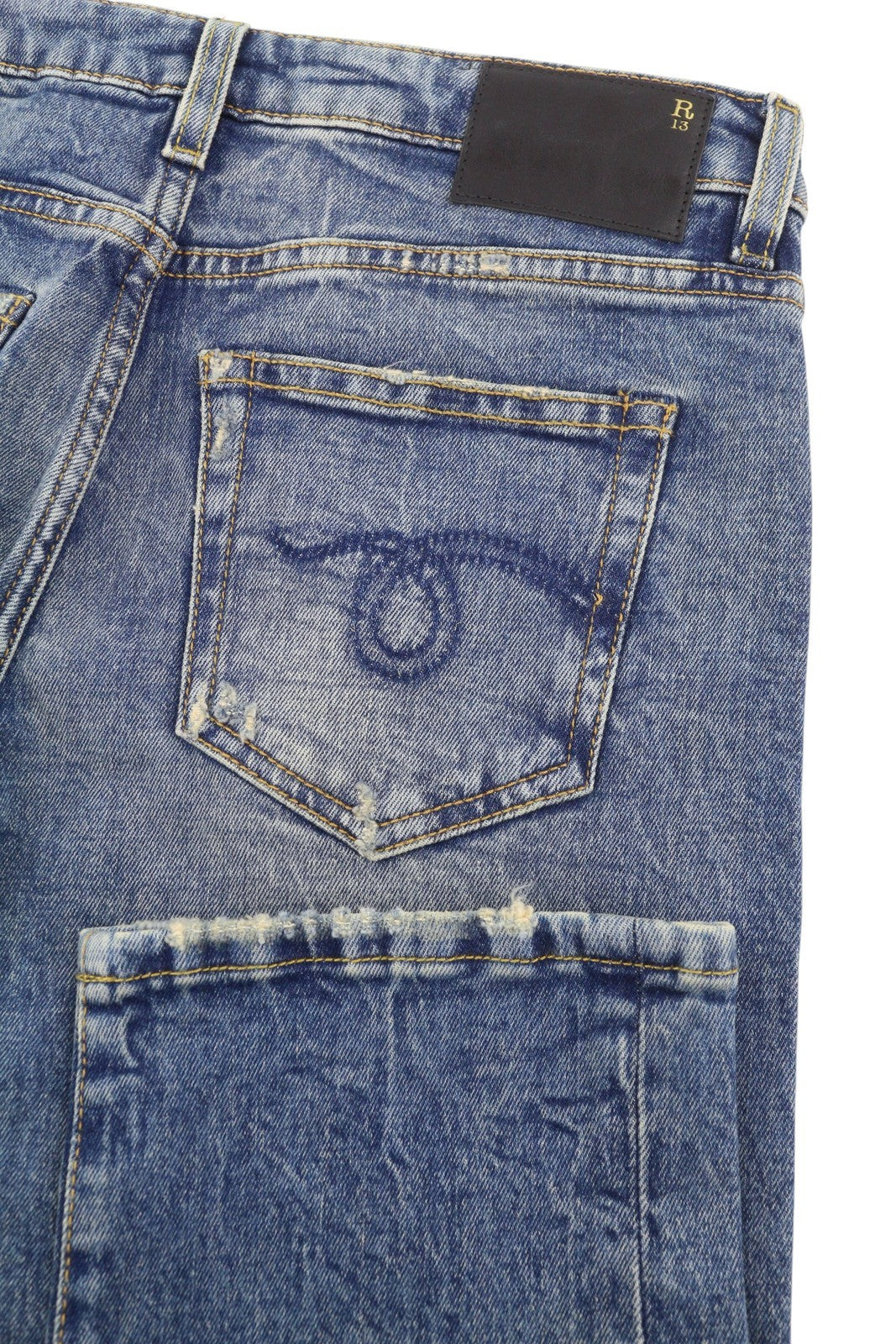 R13 Boy Straight Women Jeans 24 Kelly Stretch Whiskers Faded Cropped RRP699