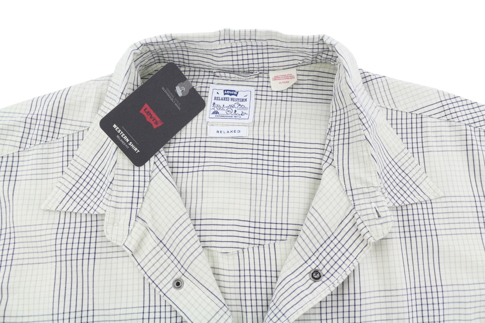 LEVI'S Relaxed Men Shirt XL Grey Plaid Snap Buttons Spread Short Sleeve