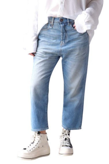 R13 Tailored Drop Women Jeans 27 Cliff Linen Indigo Whiskers Faded Ankle Cropped