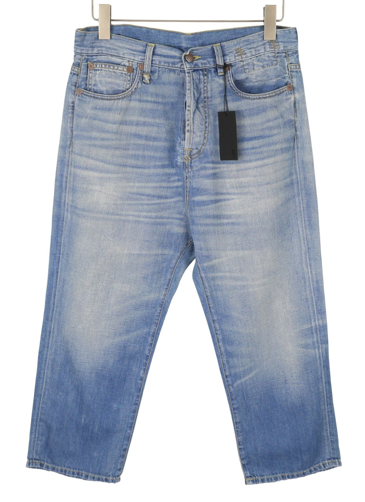 R13 Tailored Drop Women Jeans 27 Cliff Linen Indigo Whiskers Faded Ankle Cropped