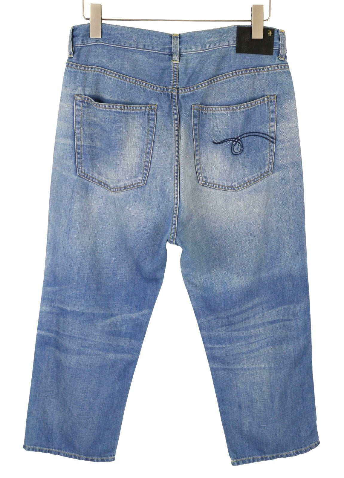 R13 Tailored Drop Women Jeans 27 Cliff Linen Indigo Whiskers Faded Ankle Cropped