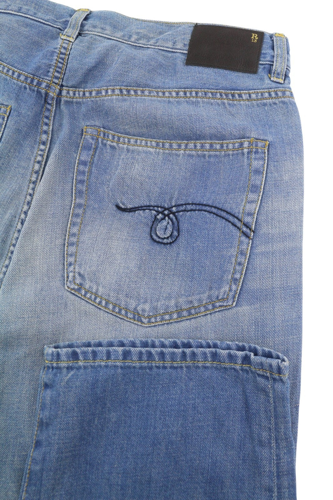 R13 Tailored Drop Women Jeans 27 Cliff Linen Indigo Whiskers Faded Ankle Cropped