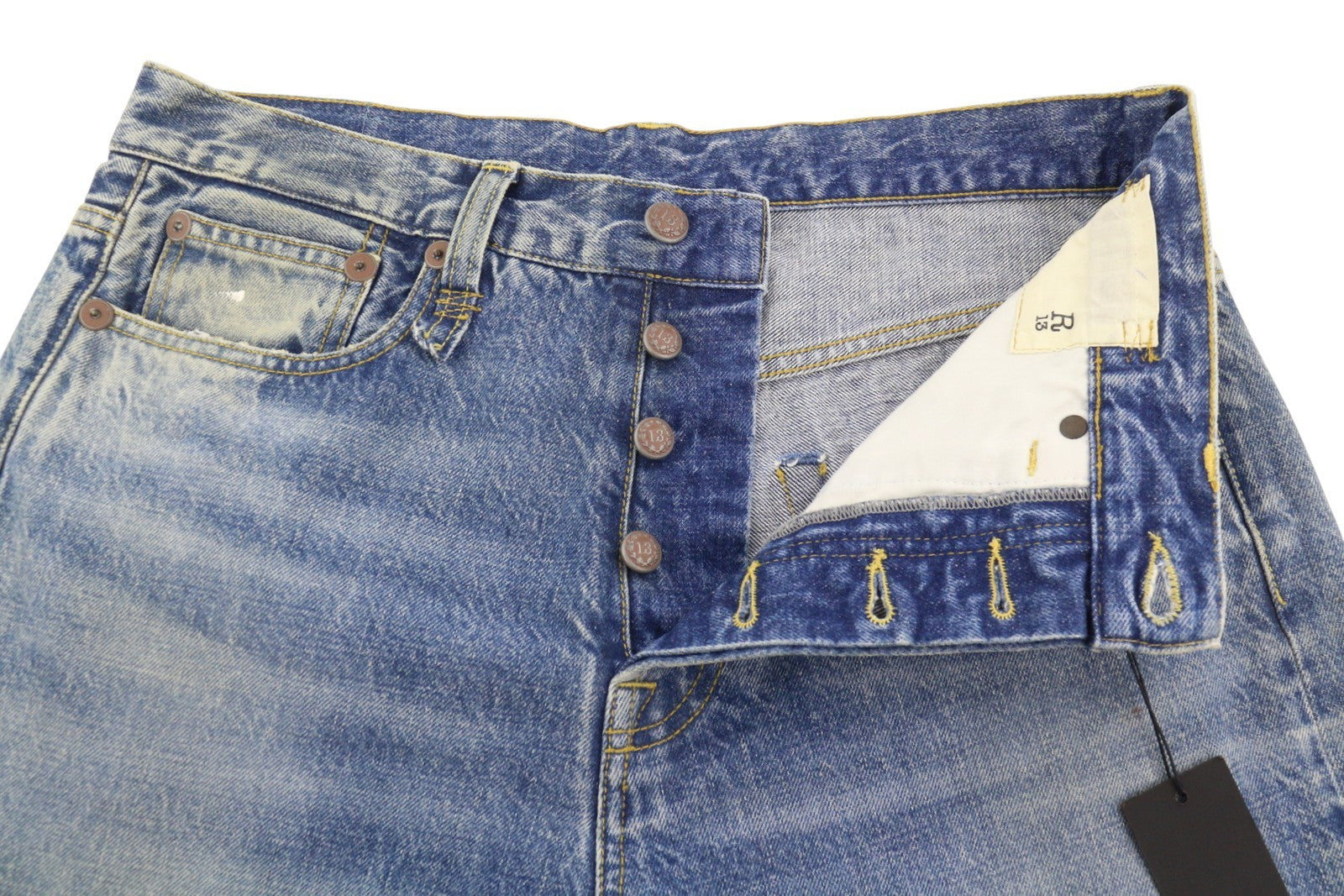 R13 Weller Drop Men Jeans W32 Jasper Blue Whiskers Faded Cropped Ankle Denim