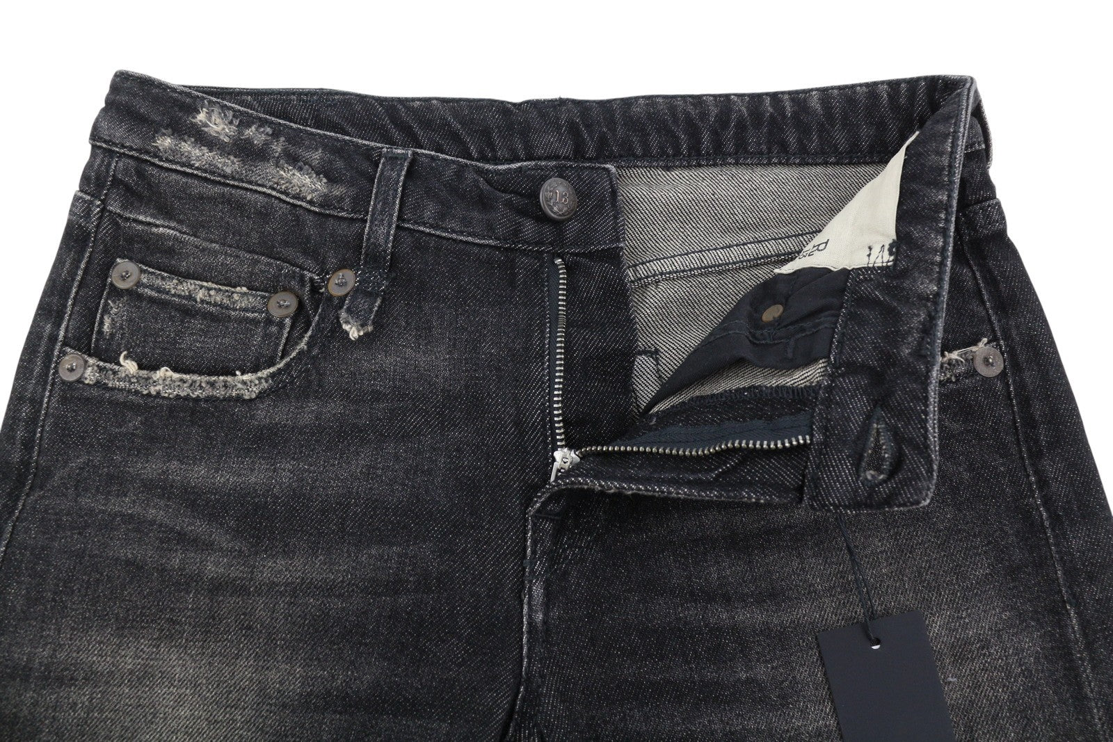 R13 Boy Straight Women Jeans 25 Abbey Black Whiskers Faded Distress Ankle RRP720