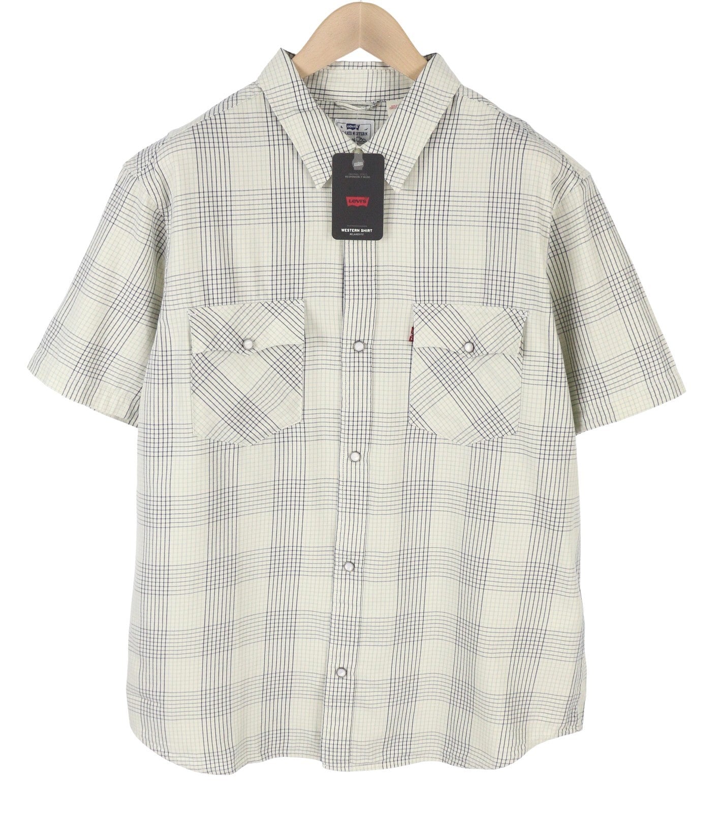 LEVI'S Relaxed Men Shirt L Grey Plaid Snap Buttons Spread Short Sleeve