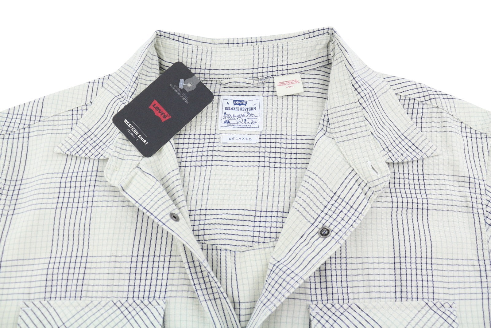 LEVI'S Relaxed Men Shirt L Grey Plaid Snap Buttons Spread Short Sleeve