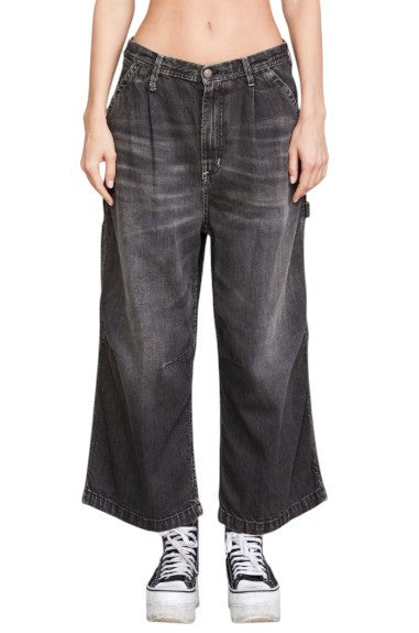 R13 Crop Wideleg Carpenter Women Jeans 26 Ellery Black Faded Pleated RRP899