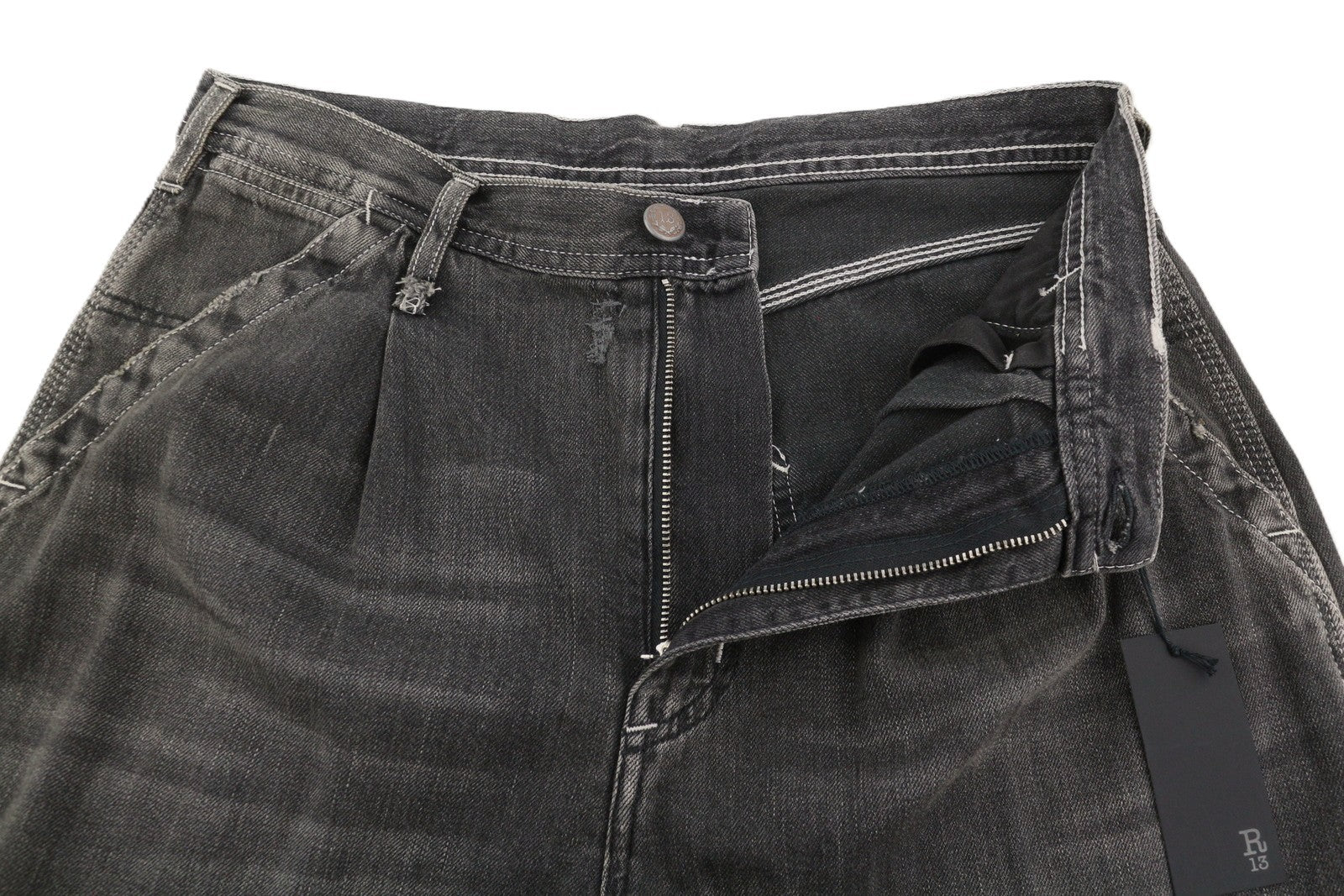 R13 Crop Wideleg Carpenter Women Jeans 26 Ellery Black Faded Pleated RRP899