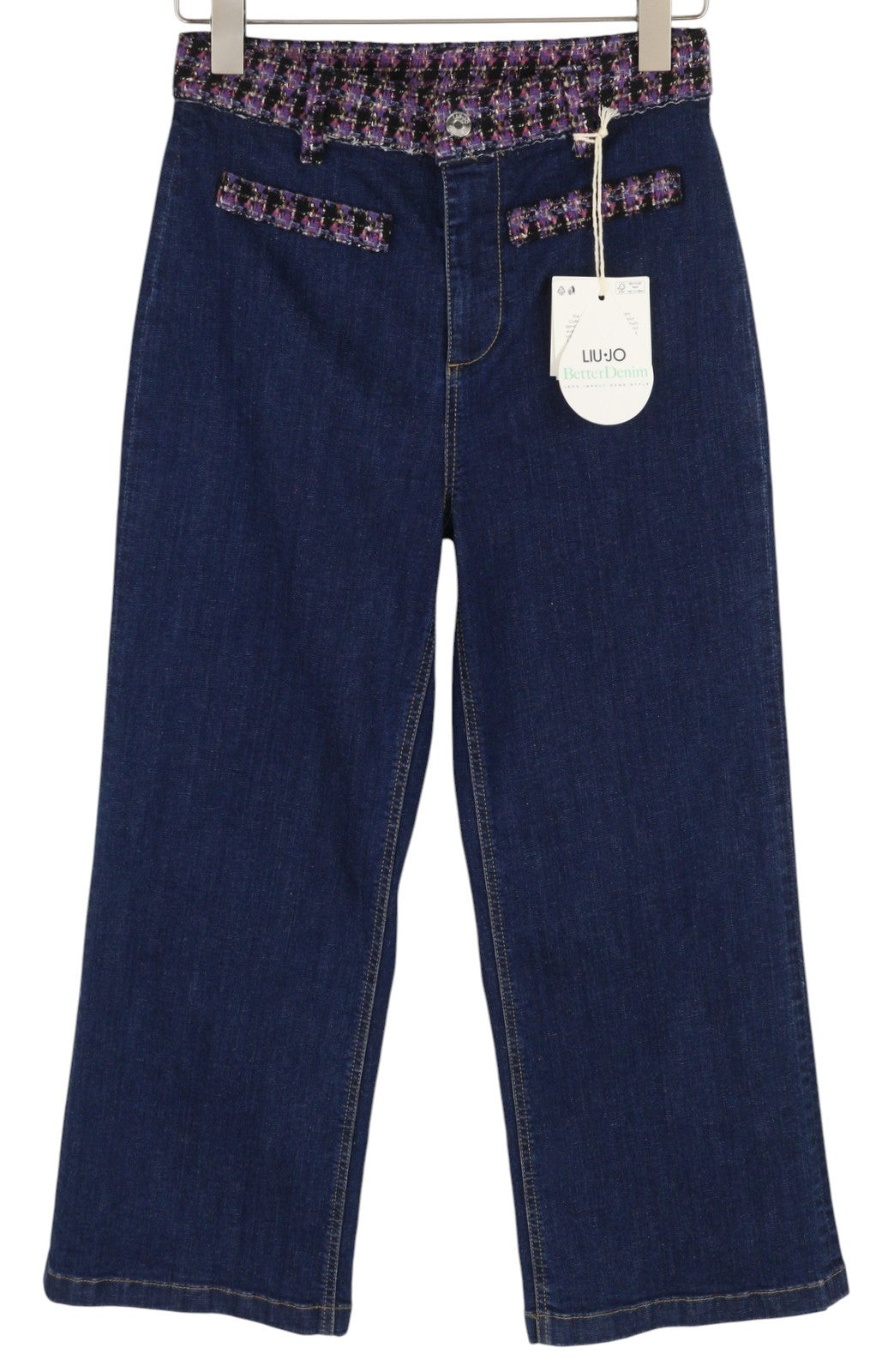 LIU JO Fringed Women Jeans 42 High Waist Flare Blue Denim Zip Fly Logo