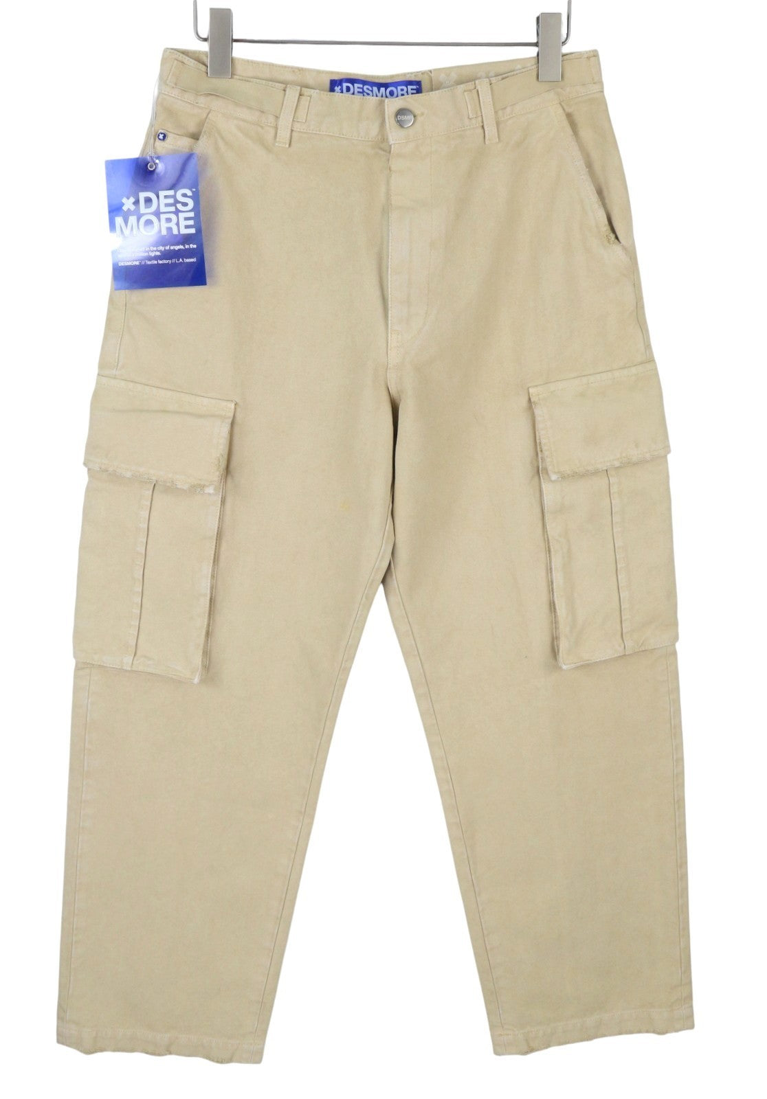 DESMORE Cargo Men Trousers W34 Light Brown Faded Patch Pockets Distress Zip