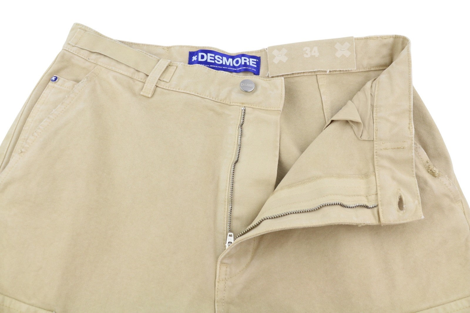 DESMORE Cargo Men Trousers W34 Light Brown Faded Patch Pockets Distress Zip