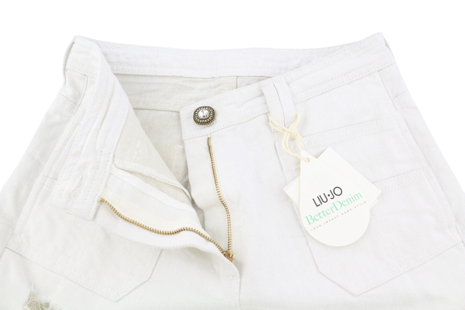 LIU JO Cargo Women Jeans 40 Skinny Ripped White Denim Glitter Trim Logo