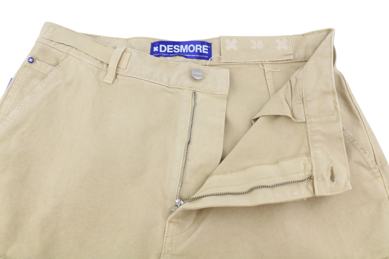 DESMORE Cargo Men Trousers W36 Light Brown Faded Patch Pockets Distress Zip