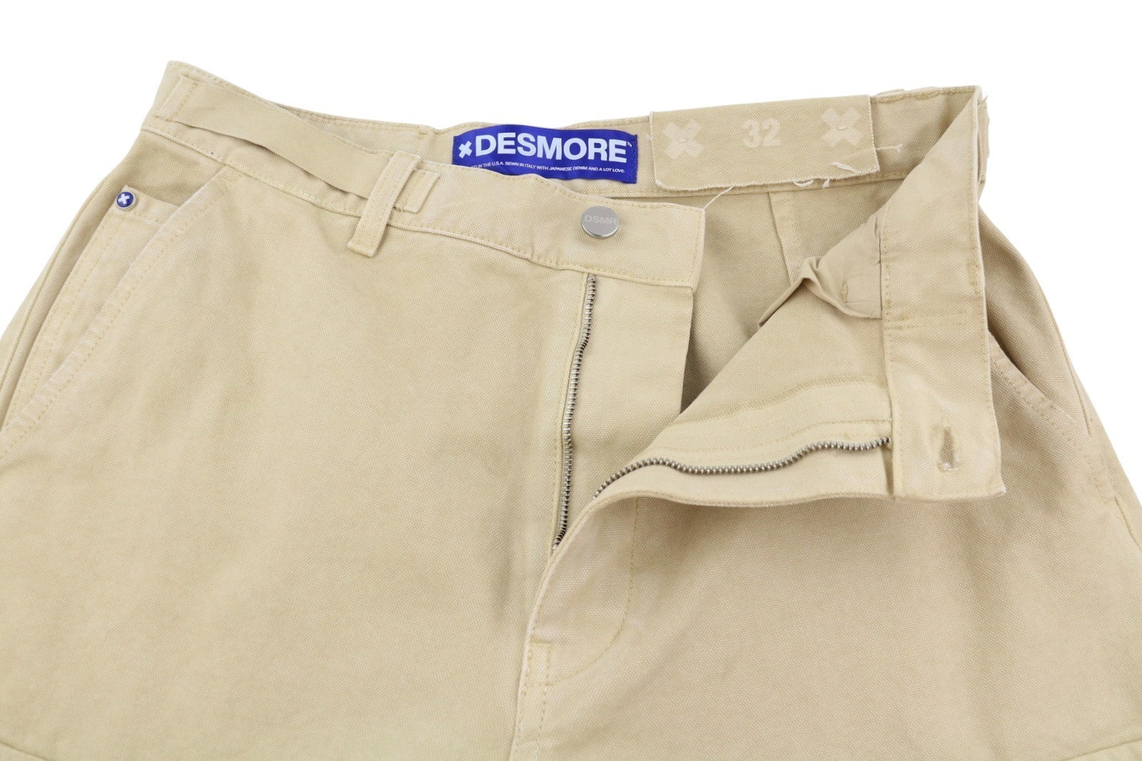 DESMORE Cargo Men Trousers W32 Light Brown Faded Patch Pockets Distress Zip
