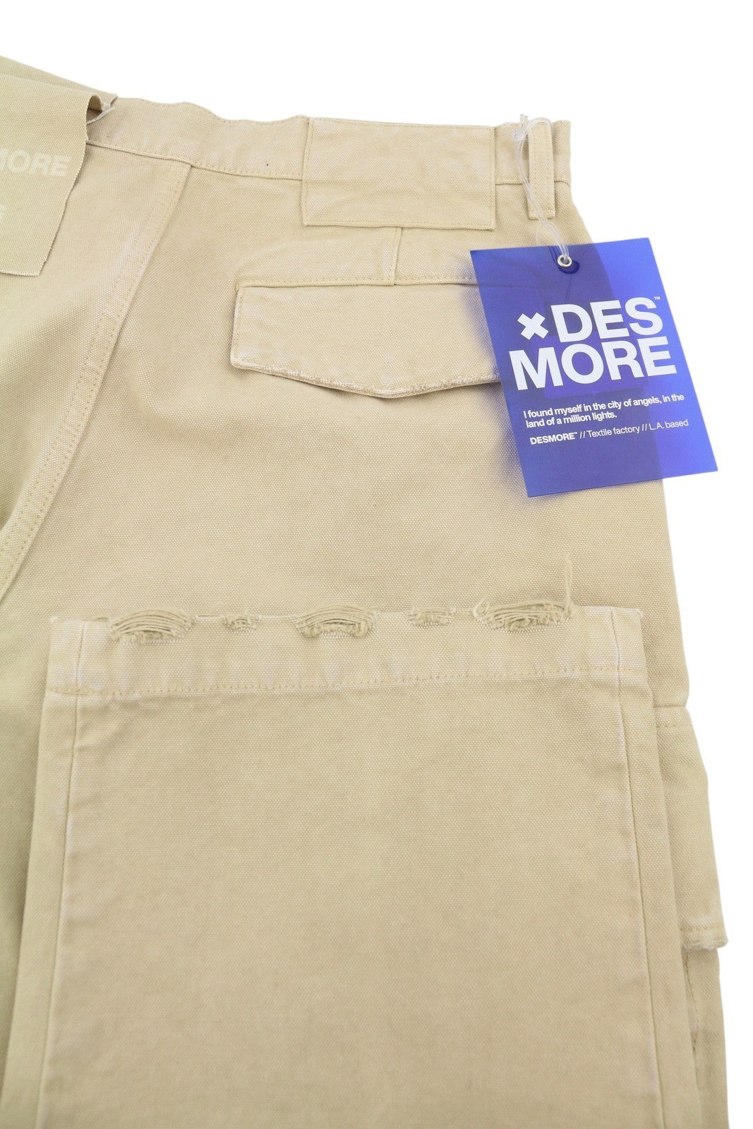 DESMORE Cargo Men Trousers W32 Light Brown Faded Patch Pockets Distress Zip