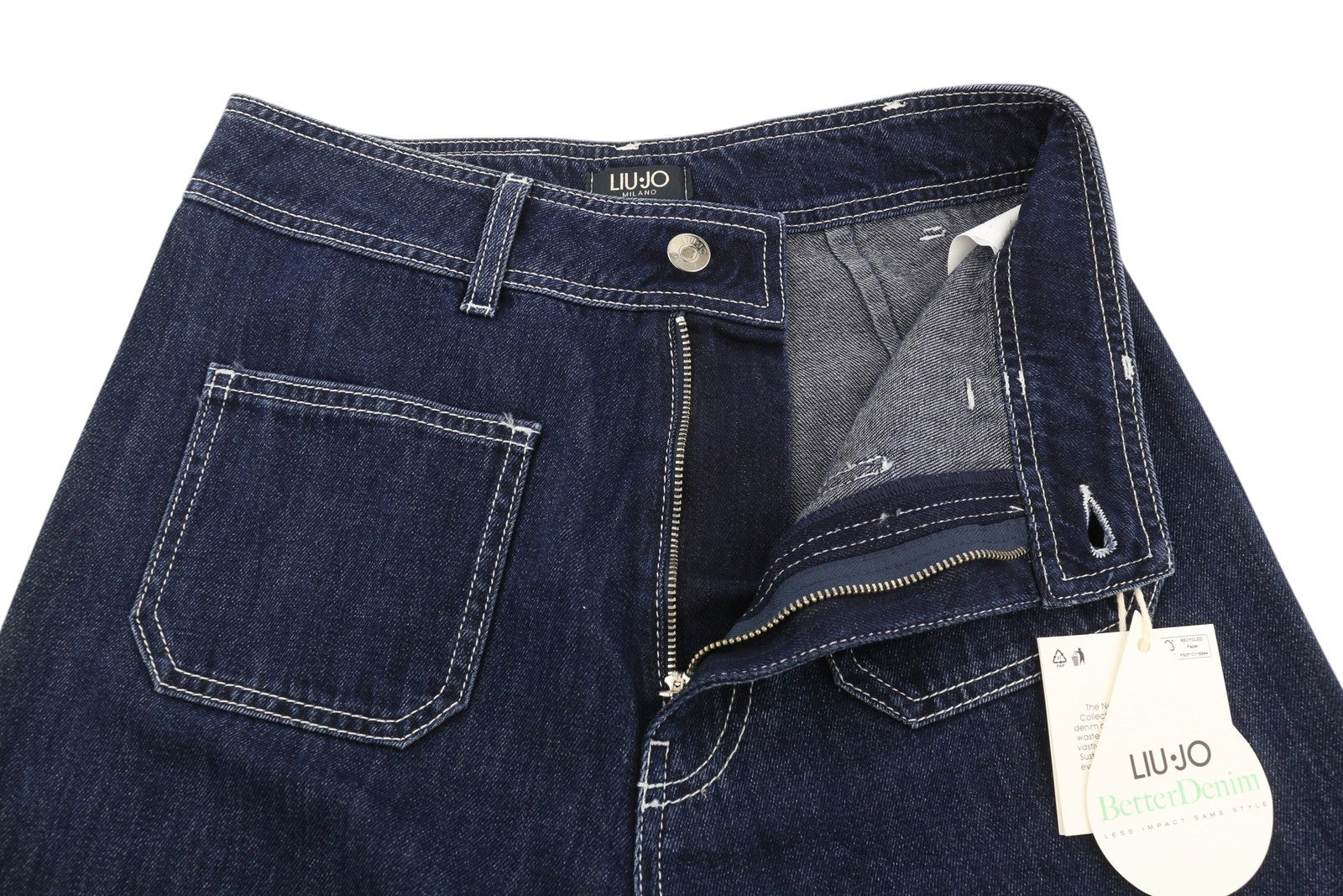 LIU JO Flare Patch Women Jeans W28 Dark Blue Denim Raw Hem Zip Closure