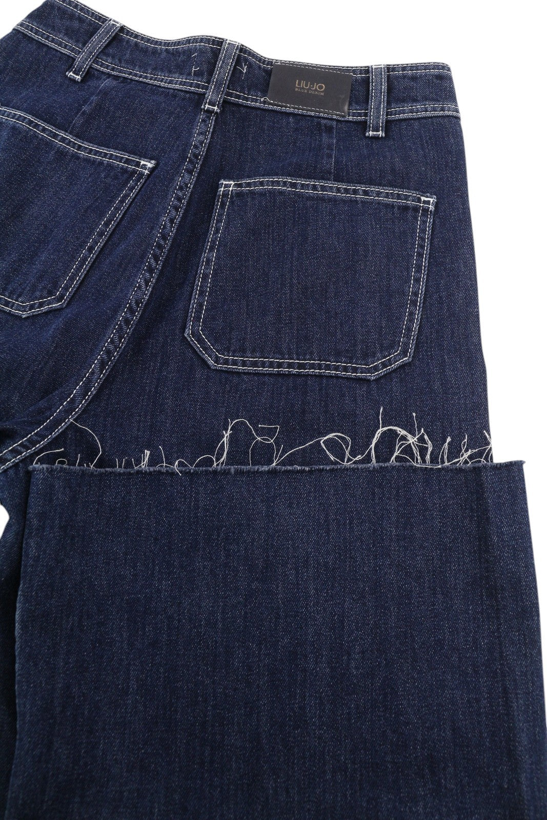 LIU JO Flare Patch Women Jeans W28 Dark Blue Denim Raw Hem Zip Closure