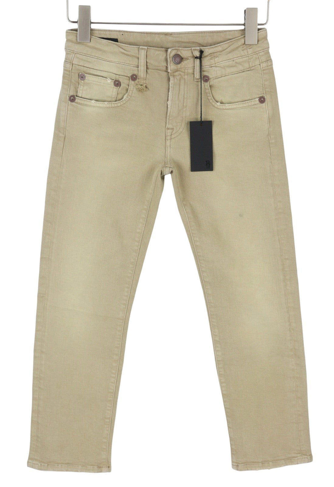 R13 Boy Straight Women Jeans 24 Khaki Stretch Faded Cropped Ankle Zip RRP699