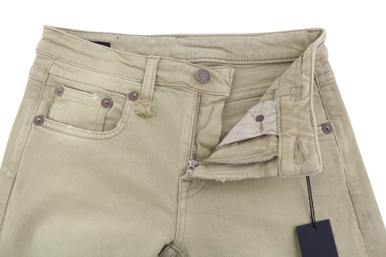 R13 Boy Straight Women Jeans 24 Khaki Stretch Faded Cropped Ankle Zip RRP699