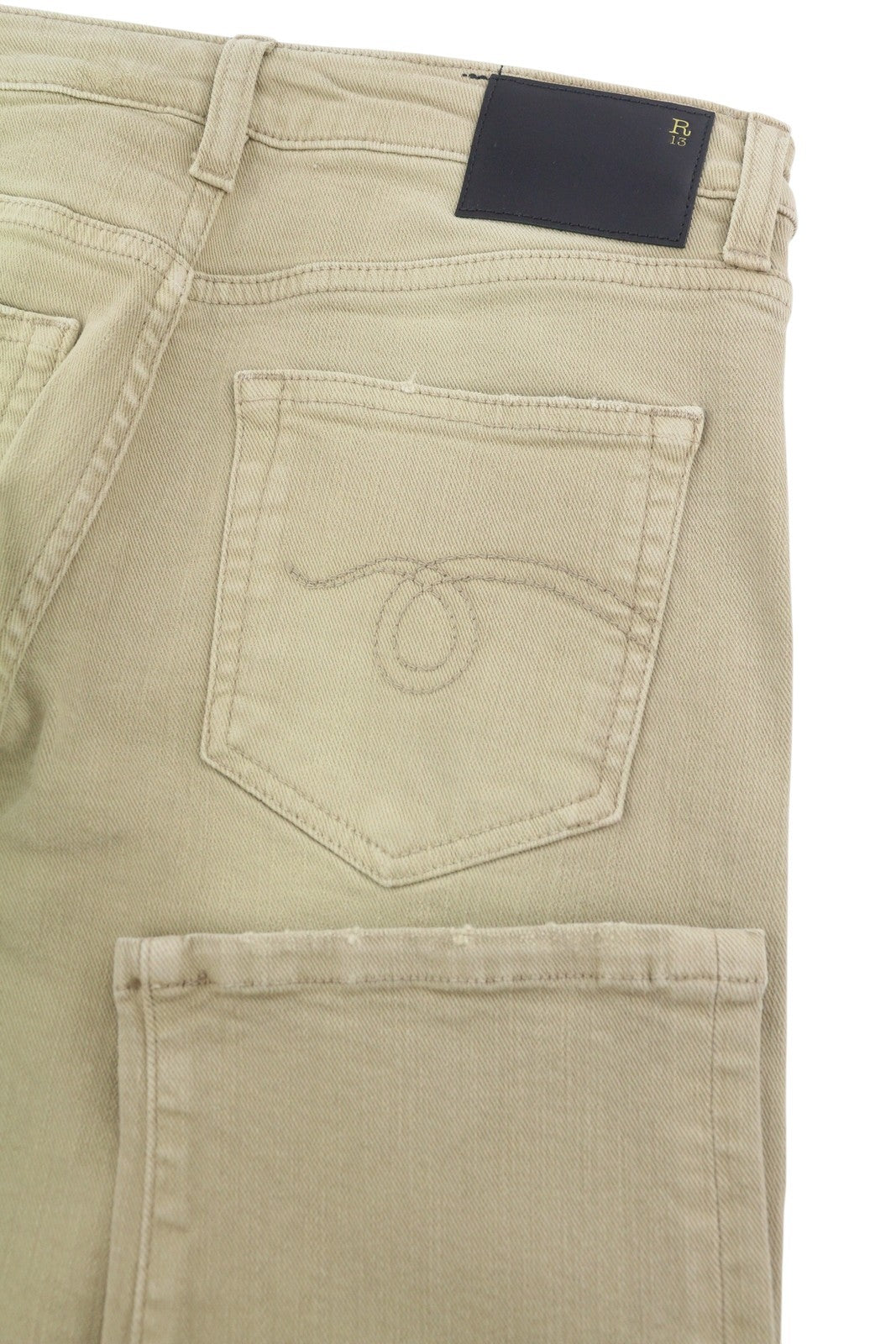 R13 Boy Straight Women Jeans 24 Khaki Stretch Faded Cropped Ankle Zip RRP699
