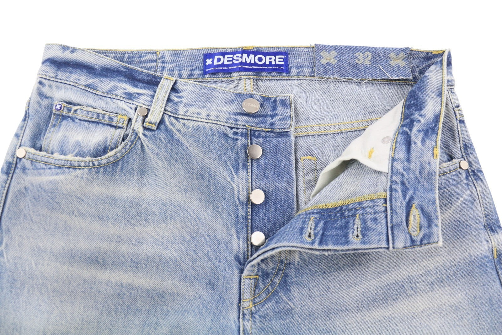 DESMORE 5 Tasche Alex Light Blue Men Jeans W32 Whiskers Faded Slim Button Fly